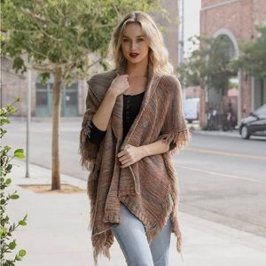 Boho Boutique Fringed Cardigan Sweater Marled Knit Collar One Size Nwot